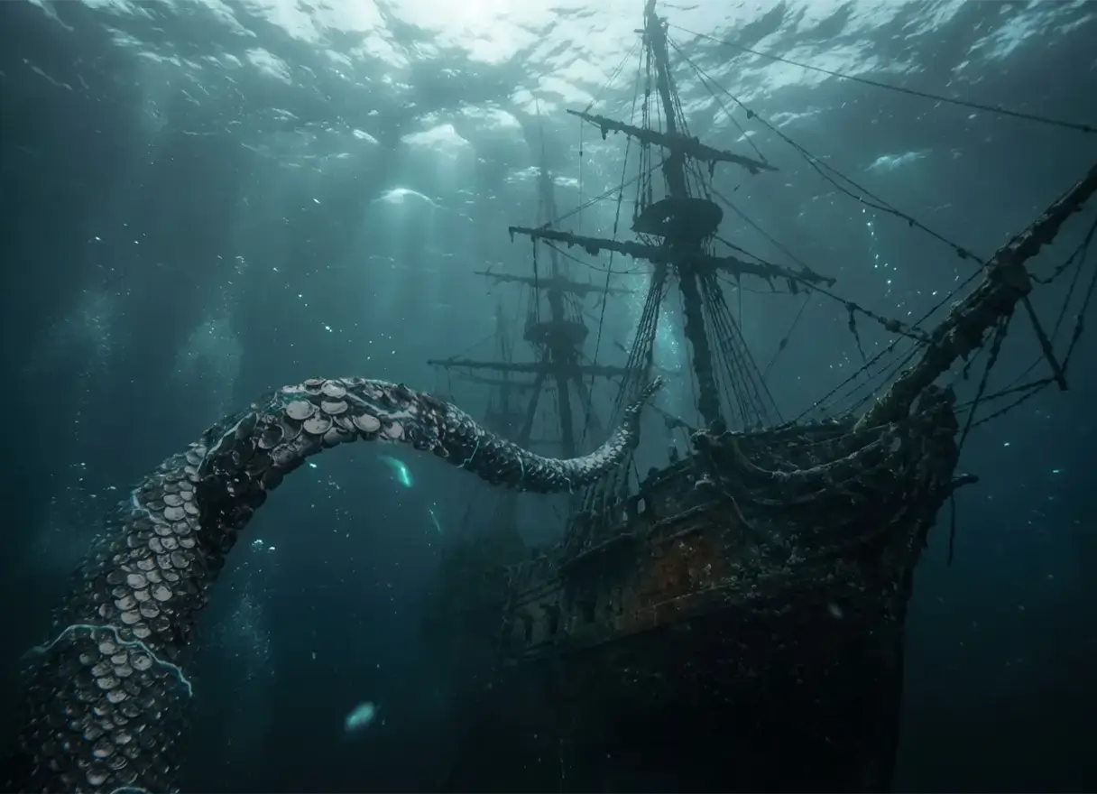 Tentacule d'argent mystérieuse s'apprêtant à engloutir l'épave du Reaper's Call.
