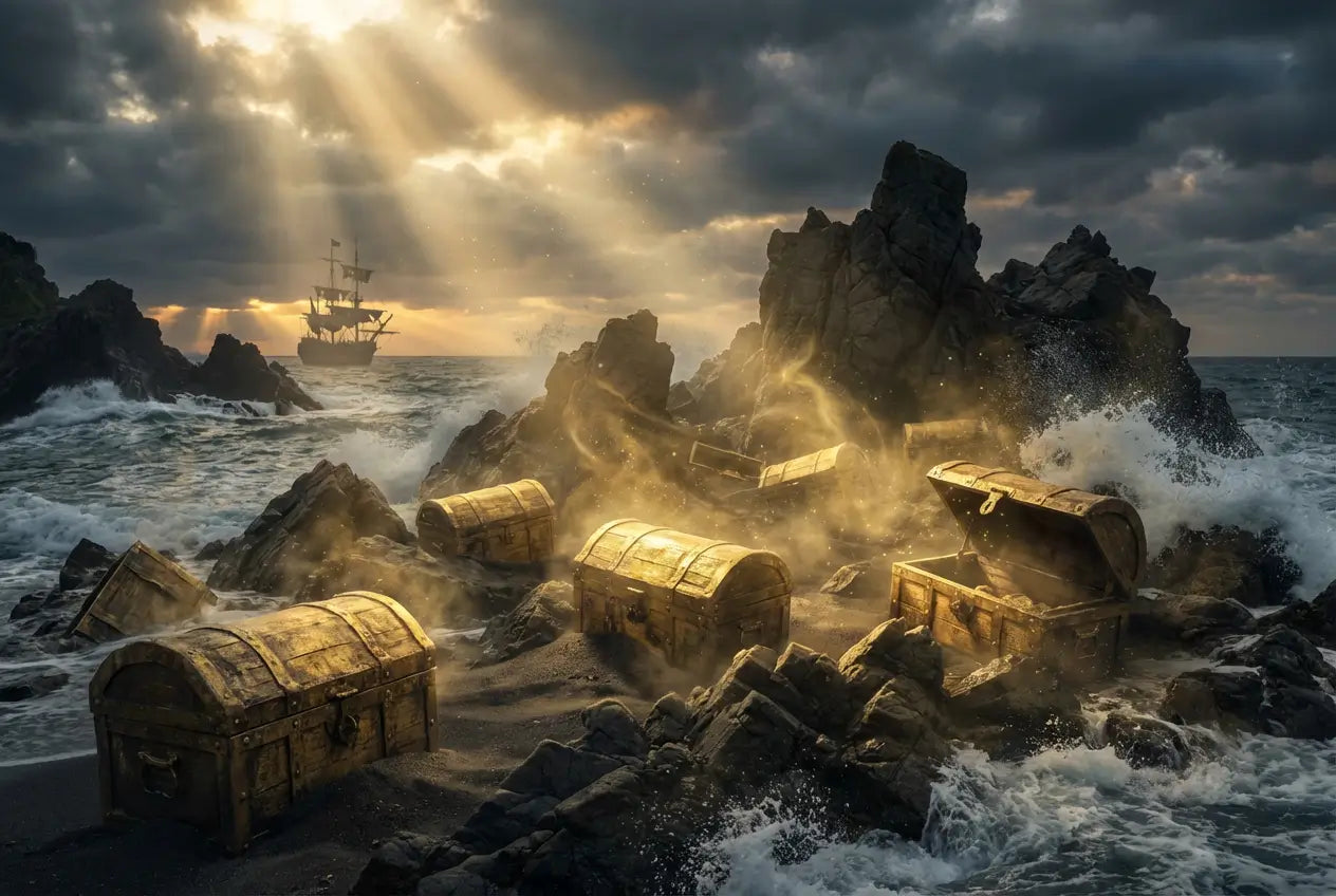 Les sept coffres de l'Aube, sur un bout de terre au milieu de l'océan illuminés par quelques rayons de soleil trouant un ciel noir nuageux.