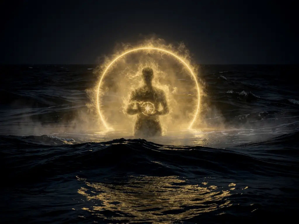 Silhouette humaine indéfinie au centre d'un puissant halo dorée dans une scène nocturne marine.
