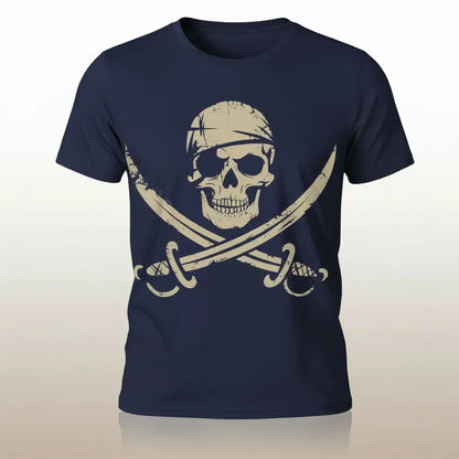 T-shirt pirate du crâne maudit bleu marine avec symbole tête de mort et sabres croisés.