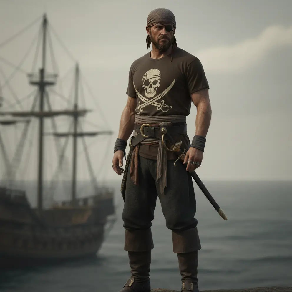 T-shirt pirate du crâne maudit marron  porté par un homme avec un navire en arrière-plan.