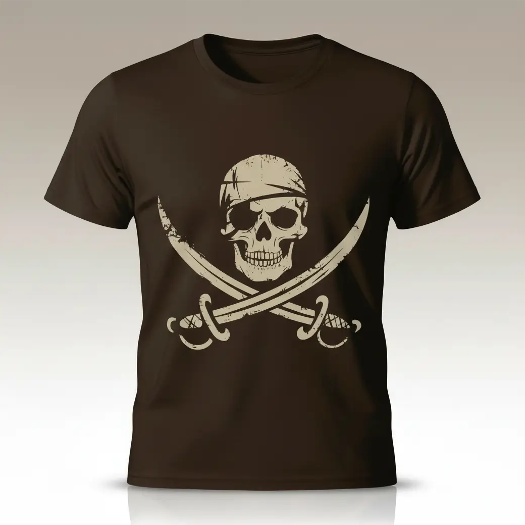 T-shirt pirate du crâne maudit marron avec symbole tête de mort et sabres croisés.