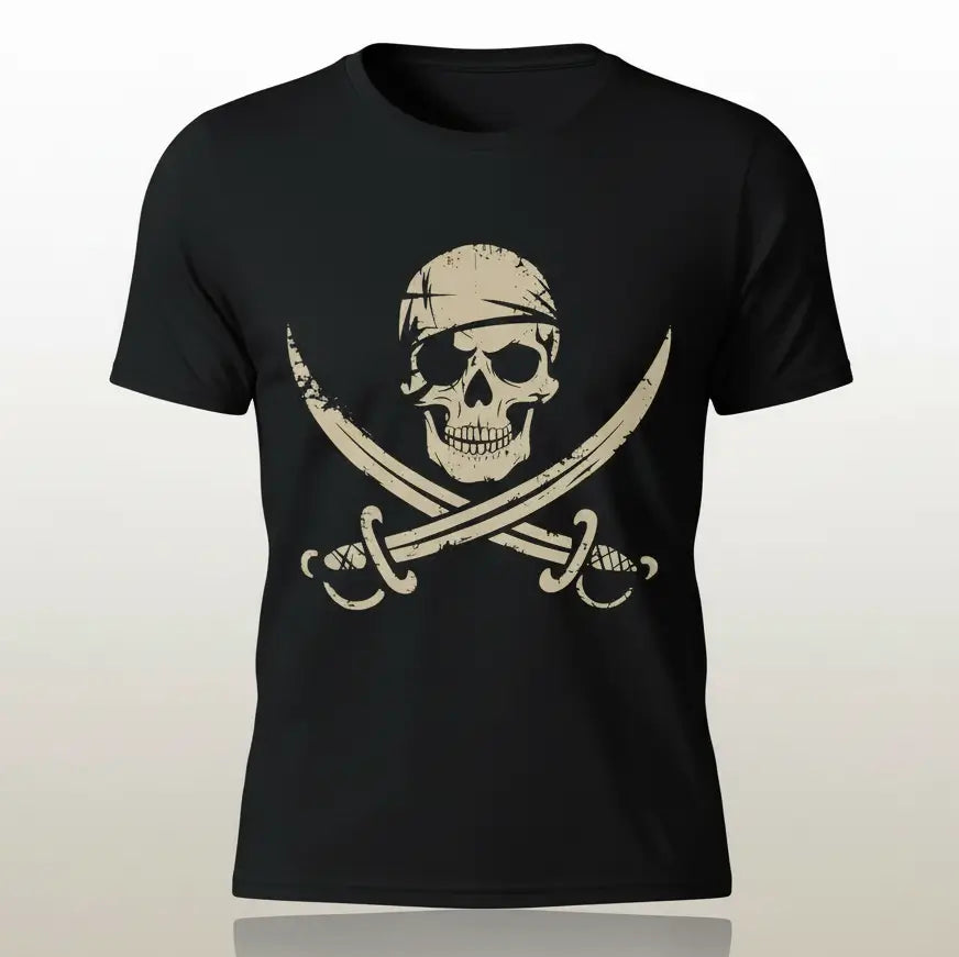 T-shirt pirate du crâne maudit noir avec symbole tête de mort et sabres croisés.