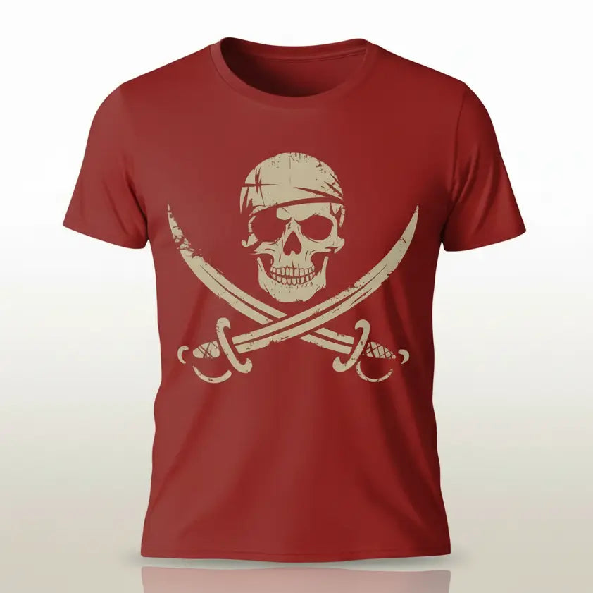 T-shirt pirate du crâne maudit rouge avec symbole tête de mort et sabres croisés.