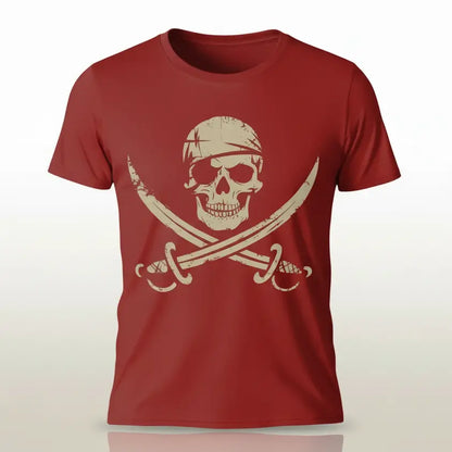 T-shirt pirate du crâne maudit rouge avec symbole tête de mort et sabres croisés.