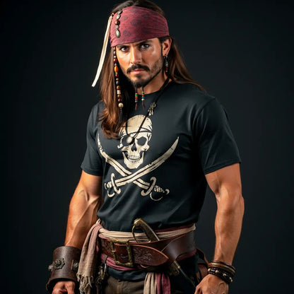 T-shirt pirate du crâne maudit porté par un capitaine pirate charismatique, photoshooting studio.