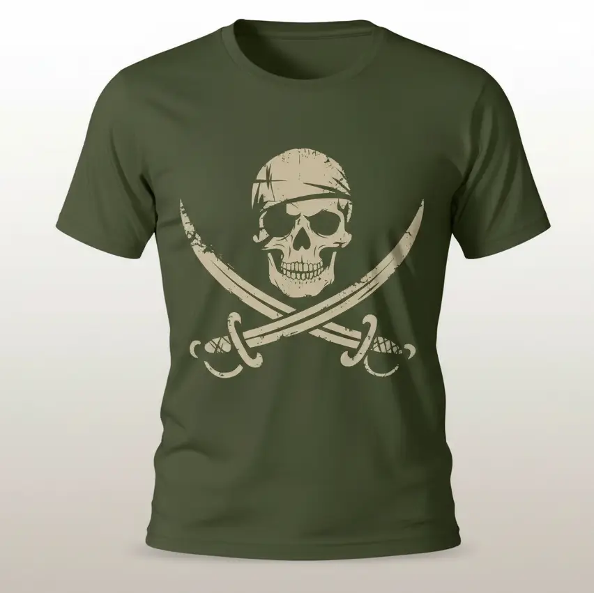 T-shirt pirate du crâne maudit vert kaki avec symbole tête de mort et sabres croisés.