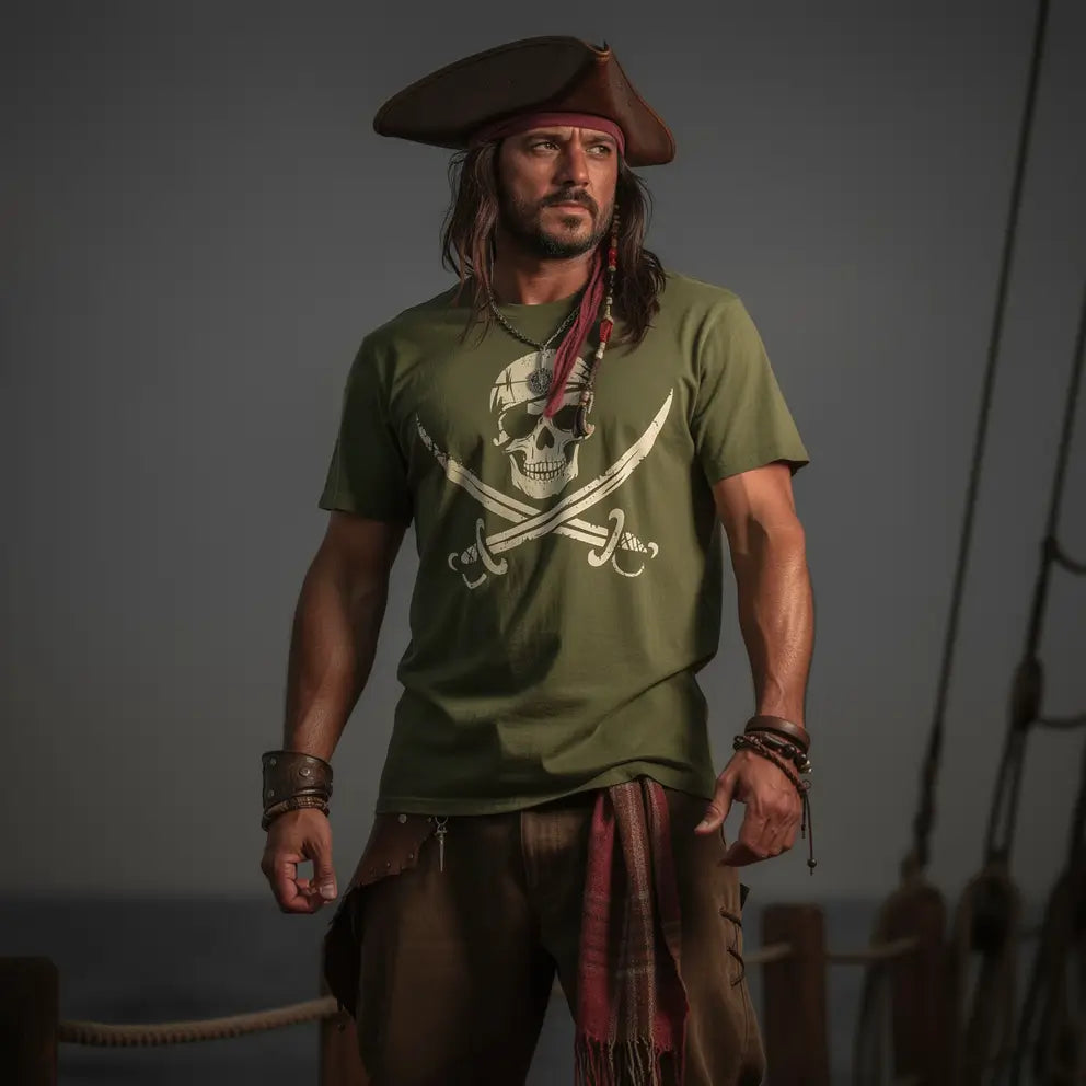 T-shirt pirate du crâne maudit vert porté par un homme sur le pont d’un navire ancien.