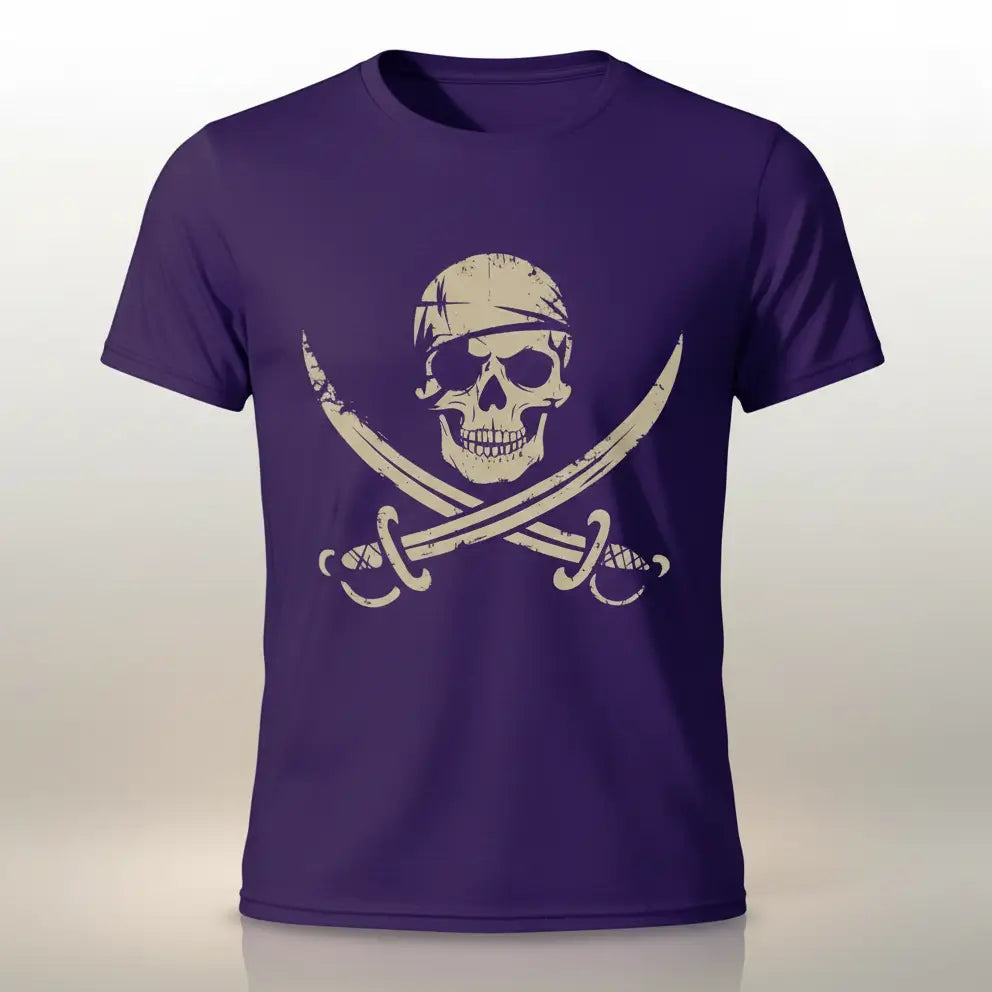 T-shirt pirate du crâne maudit violet avec symbole tête de mort et sabres croisés.