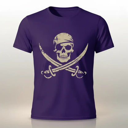T-shirt pirate du crâne maudit violet avec symbole tête de mort et sabres croisés.