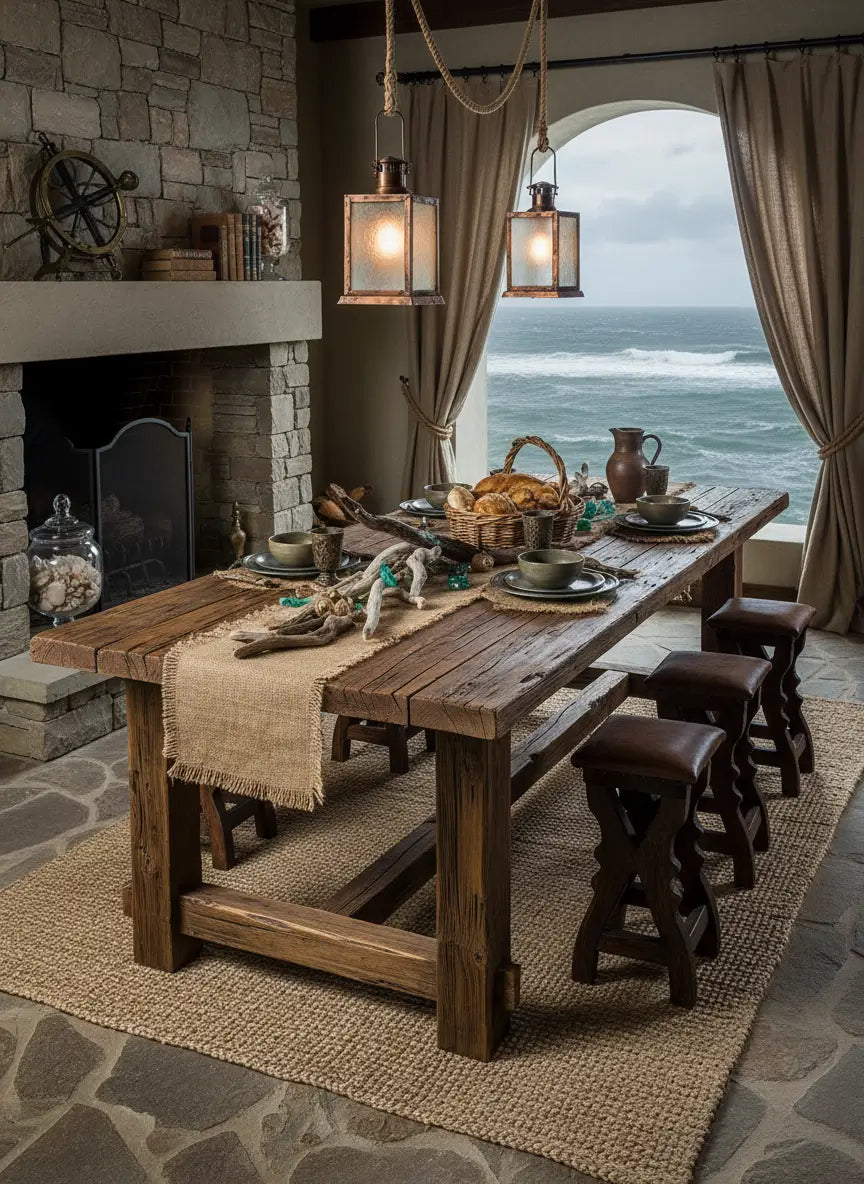 Table en bois décorée façon style marin rétro, chemin de table en tissu, lanternes et vue sur la mer. 