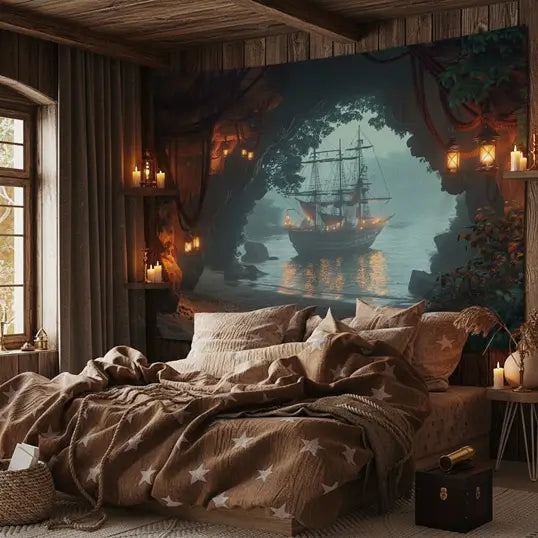 Tapisserie Crique Oubliée dans une chambre cosy, ambiance chaleureuse au style pirate.