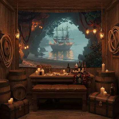 Tapisserie Crique Oubliée dans un repaire de pirate, ambiance chaleureuse aux chandelles.