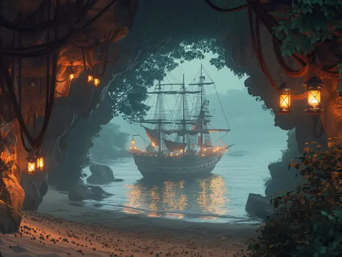 Illustration HD de la Crique Oubliée montrant un navire au trésor dans une grotte éclairée.