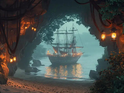 Illustration HD de la Crique Oubliée montrant un navire au trésor dans une grotte éclairée.