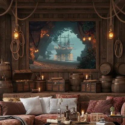 Tapisserie murale Crique Oubliée installée dans un salon au style pirate, navires dans la brume.