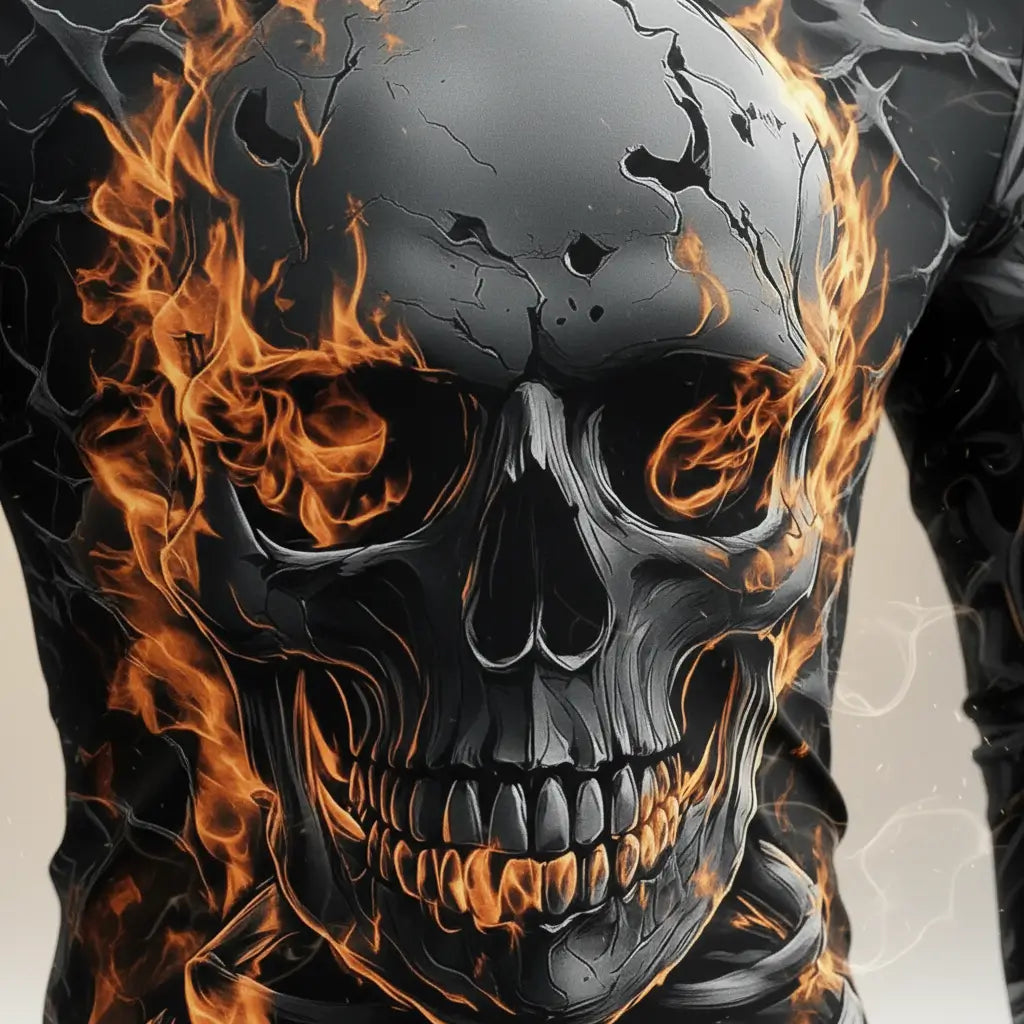 Gros plan sur lecrâne du tee-shirt, détail du tissu et des motifs.