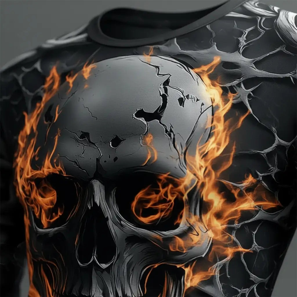 Gros plan sur le T-shirt Crâne Enflammé, flammes stylisées sur cage thoracique imprimée.