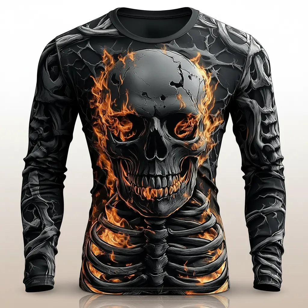 T-shirt Crâne Enflammé présenté à plat sur fond blanc, visuel e-commerce clair.