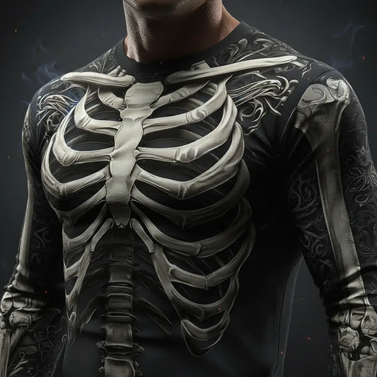 Gros plan du T-shirt Squelette montrant les détails des côtes et du sternum imprimés.