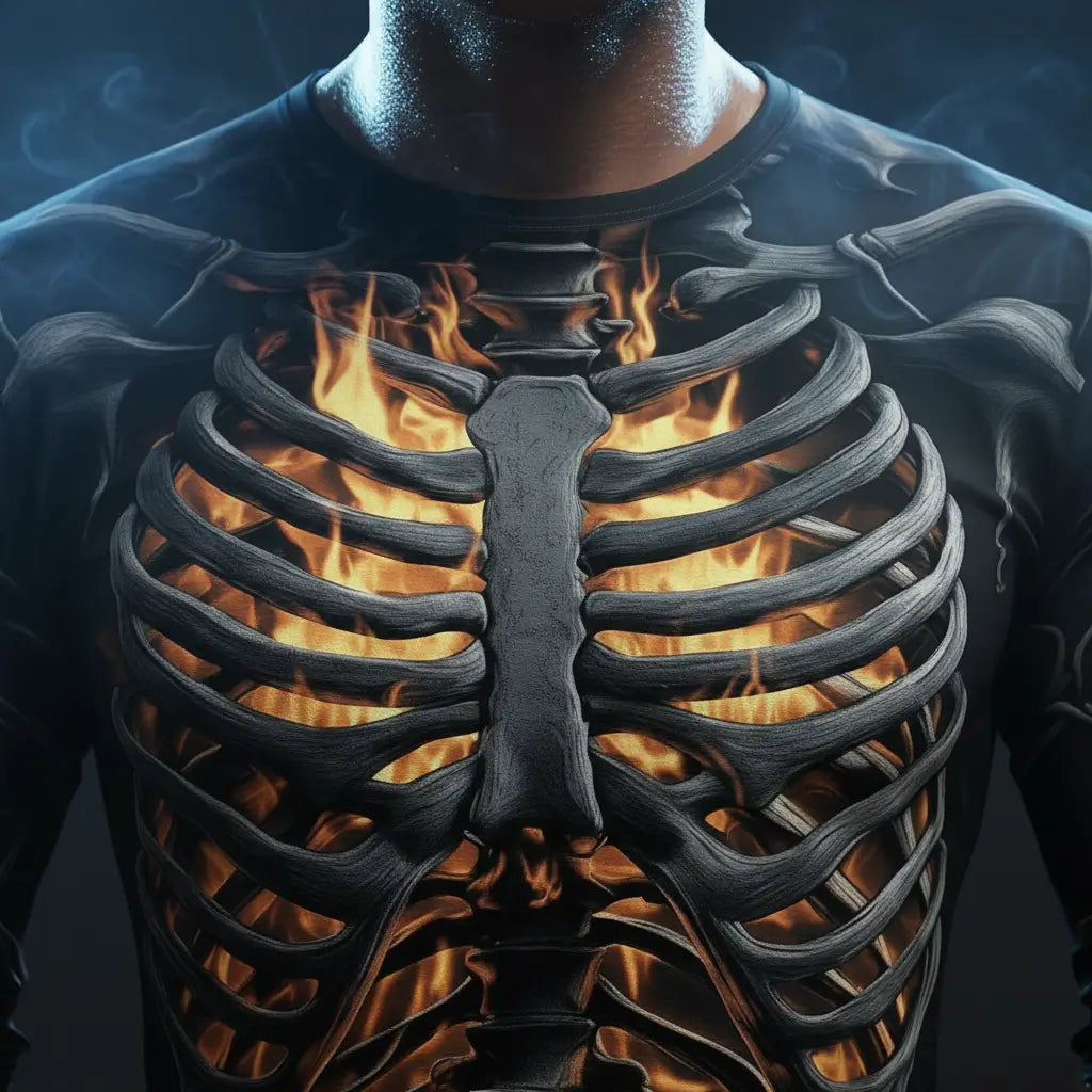 Gros plan du T-shirt Squelette Enflammé montrant les flammes stylisées sur le torse.