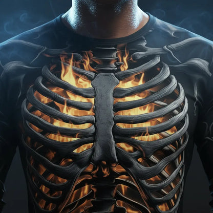 Gros plan du T-shirt Squelette Enflammé montrant les flammes stylisées sur le torse.