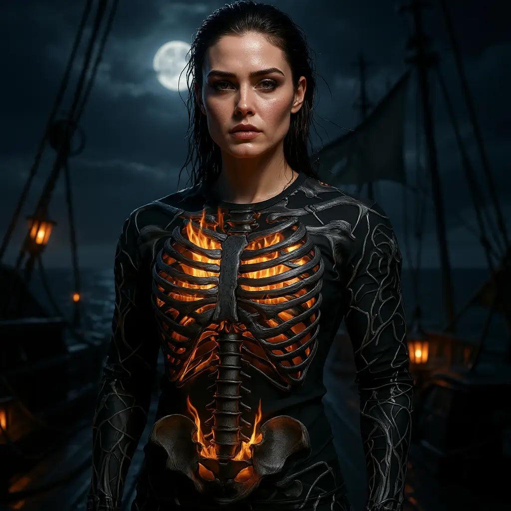Femme portant le T-shirt Squelette Enflammé sur un navire, ambiance ténébreuse et maritime.