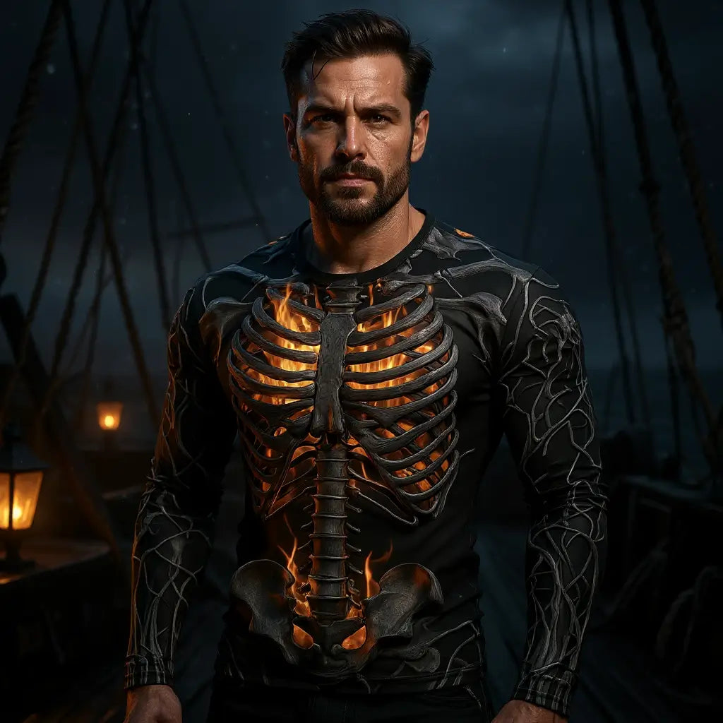 Homme portant le T-shirt Squelette Enflammé sur le pont d’un bateau au crépuscule.