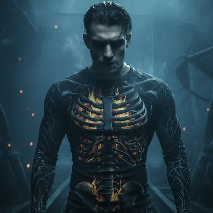 Homme dans l’ombre portant le T-shirt Squelette Enflammé, ambiance dramatique et mystérieuse.