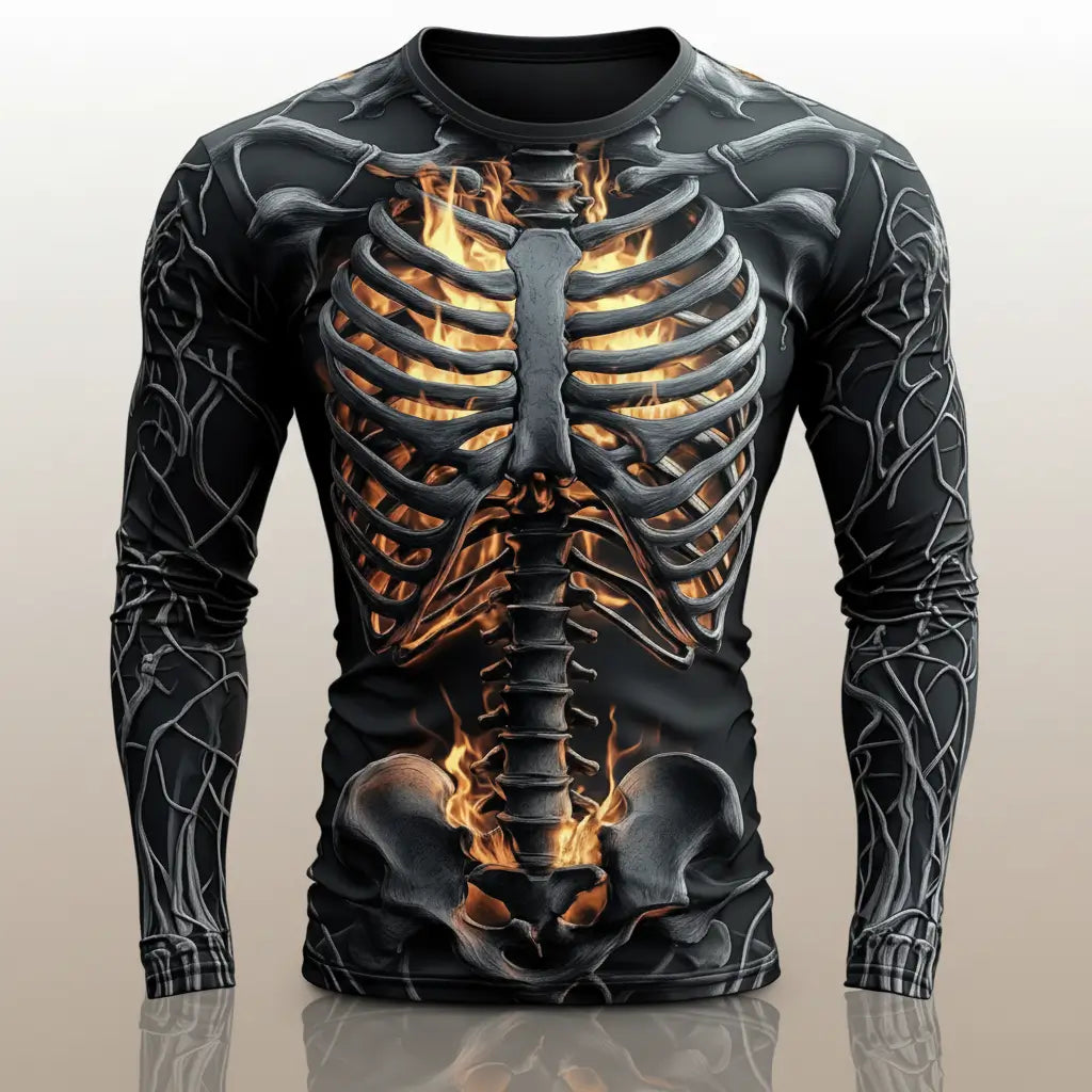 T-shirt Squelette Enflammé présenté à plat sur fond blanc, visuel produit e-commerce.