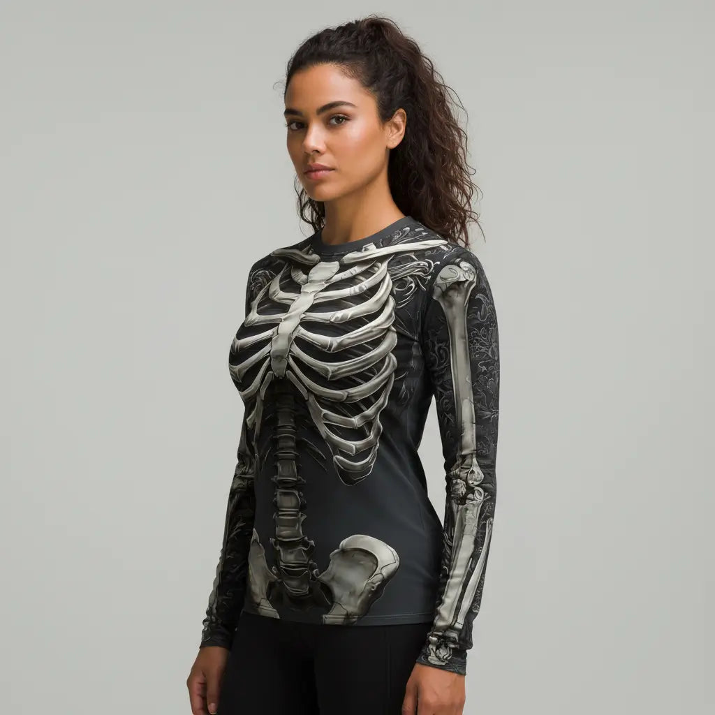 Femme portant le T-shirt Squelette, fond gris clair, coupe ajustée et design réaliste.