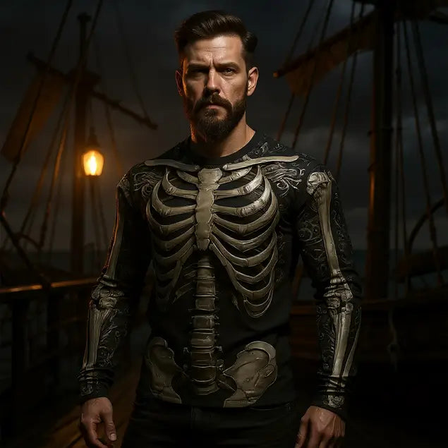 Homme portant le T-shirt Squelette sur le pont d’un navire, lumière dramatique et ambiance pirate.