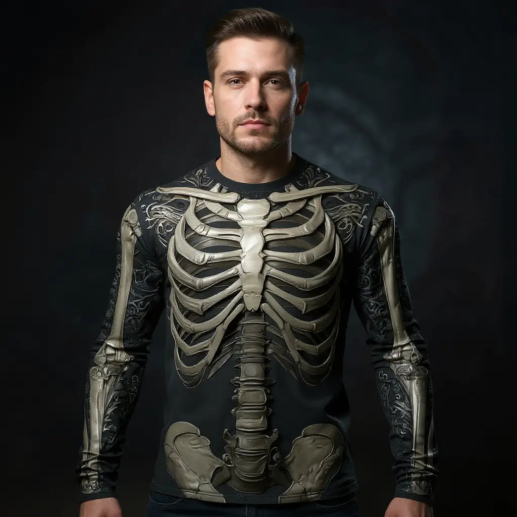 T-shirt Squelette porté par un homme en studio sombre, ambiance ténébreuse et contrastée.