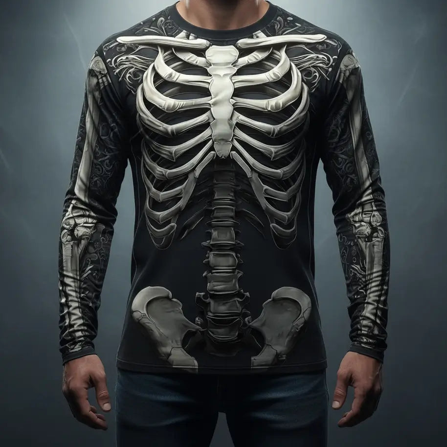 Homme portant le T-shirt Squelette, vue de face sur fond neutre, design anatomique détaillé.