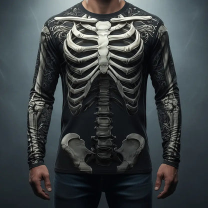 Homme portant le T-shirt Squelette, vue de face sur fond neutre, design anatomique détaillé.