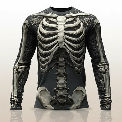 T-shirt Squelette noir et gris présenté à plat sur fond blanc, motif anatomique réaliste.