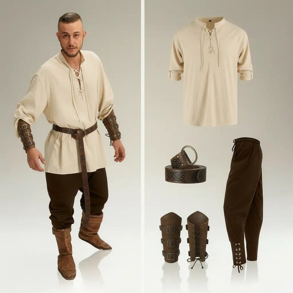 Ensemble beige et pantalon marron de la tenue complète du flibustier présenté avec accessoires pirates assortis.
