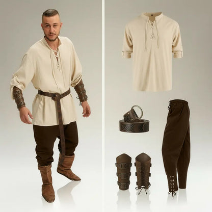 Ensemble beige et pantalon marron de la tenue complète du flibustier présenté avec accessoires pirates assortis.