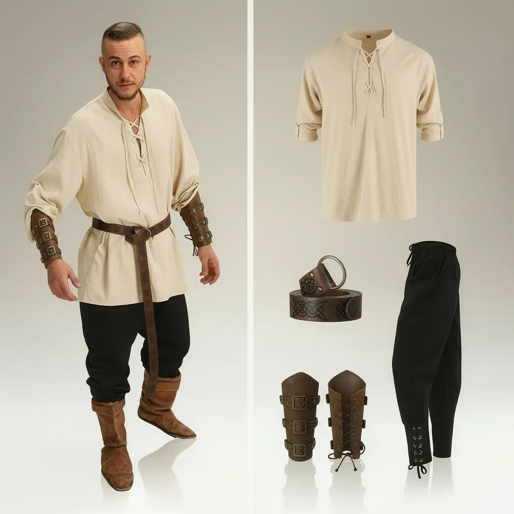 Ensemble beige et pantalon noir de la tenue complète du flibustier présenté avec accessoires pirates assortis.