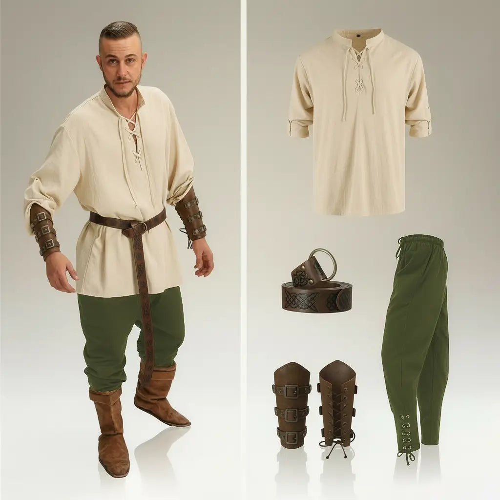 Ensemble beige et pantalon vert de la tenue complète du flibustier présenté avec accessoires pirates assortis.