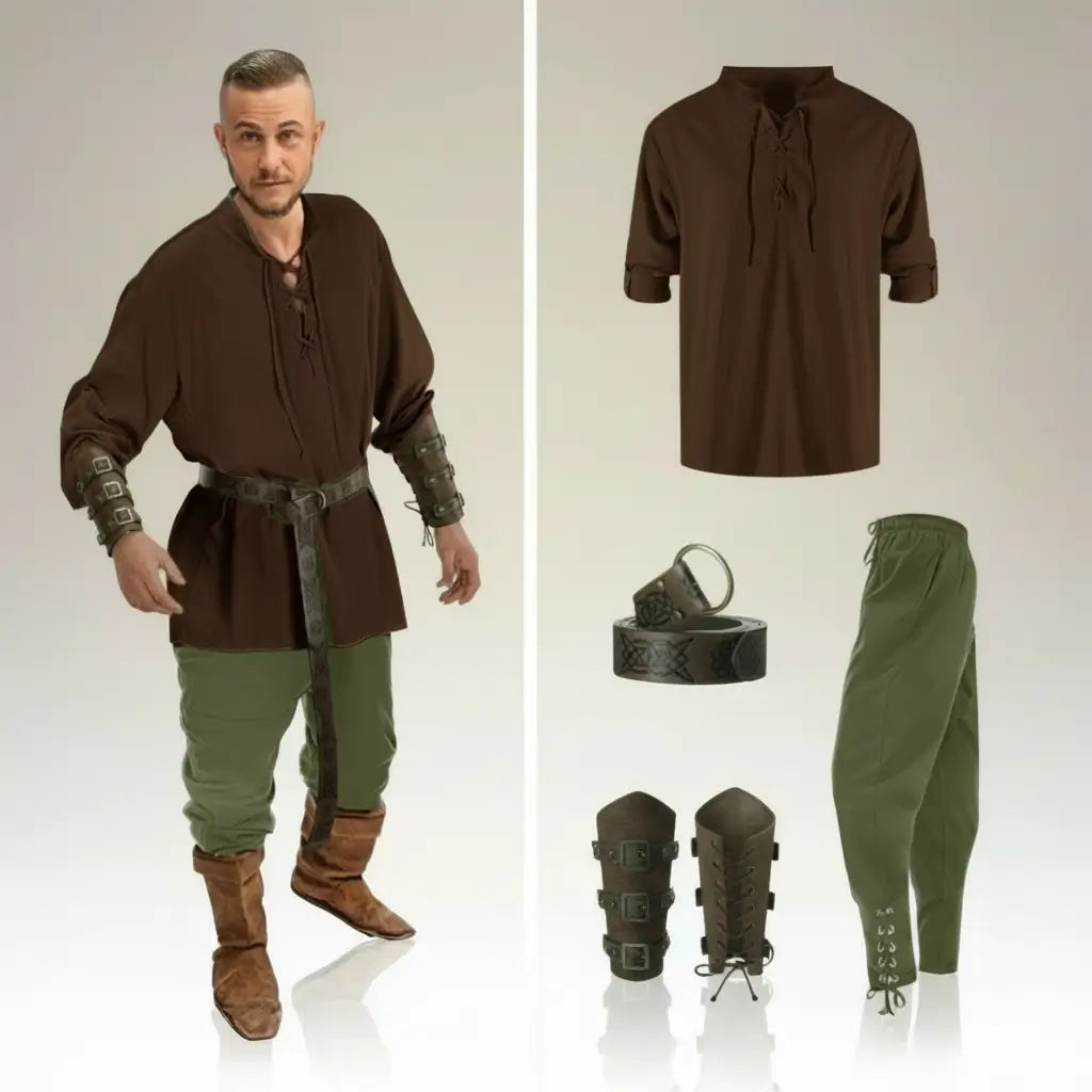 Ensemble marron et pantalon vert de la tenue complète du flibustier présenté avec accessoires pirates assortis.