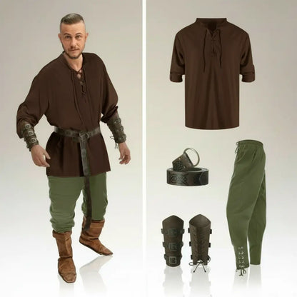Ensemble marron et pantalon vert de la tenue complète du flibustier présenté avec accessoires pirates assortis.