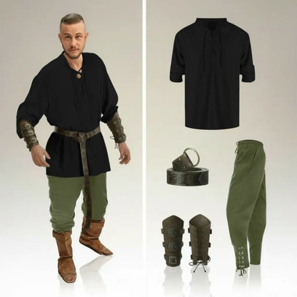 Ensemble noir et pantalon vert de la tenue complète du flibustier présenté avec accessoires pirates assortis.