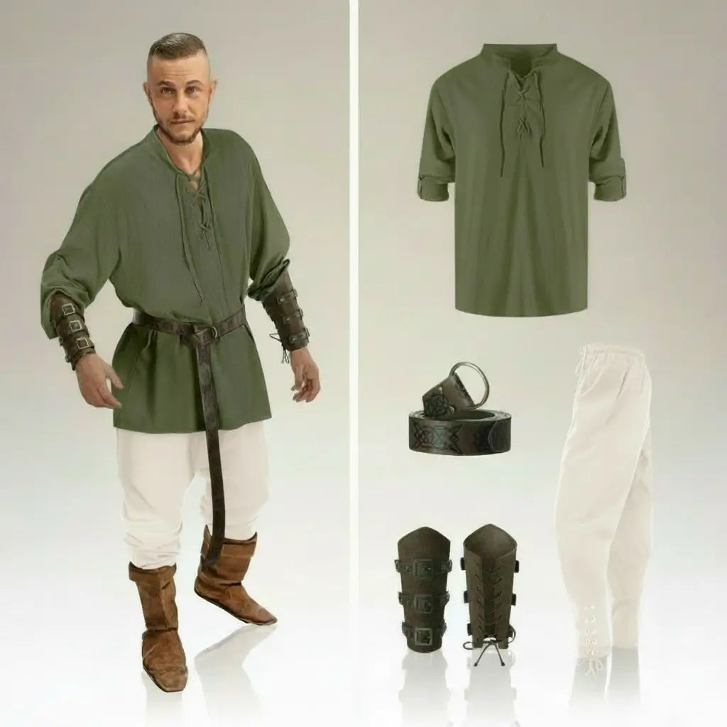 Ensemble vert et pantalon blanc de la tenue complète du flibustier présenté avec accessoires pirates assortis.