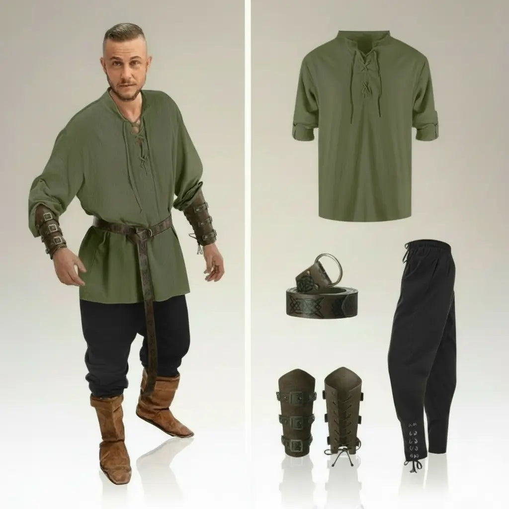 Ensemble vert et pantalon noir de la tenue complète du flibustier présenté avec accessoires pirates assortis.