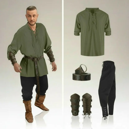 Ensemble vert et pantalon noir de la tenue complète du flibustier présenté avec accessoires pirates assortis.
