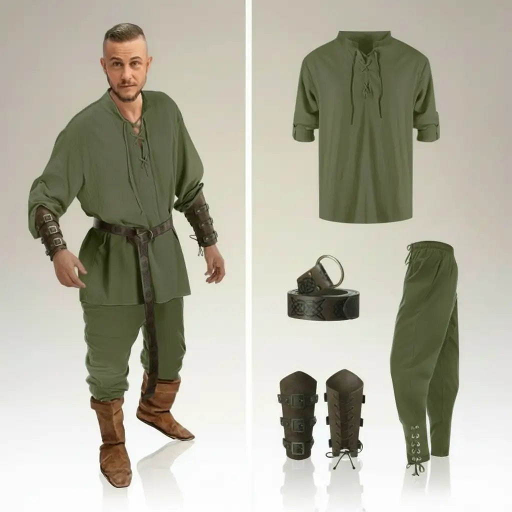 Ensemble vert de la tenue complète du flibustier présenté avec accessoires pirates assortis.