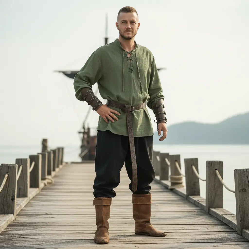 Tenue complète du flibustier portée sur un pont en bois, style pirate authentique avec ceinture et bottes.