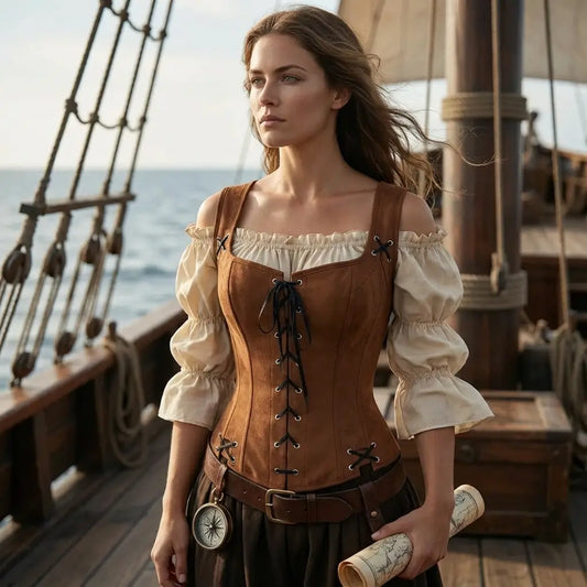 Tenue de la navigatrice pirate portée par une femme pirate sur le pont d’un navire.