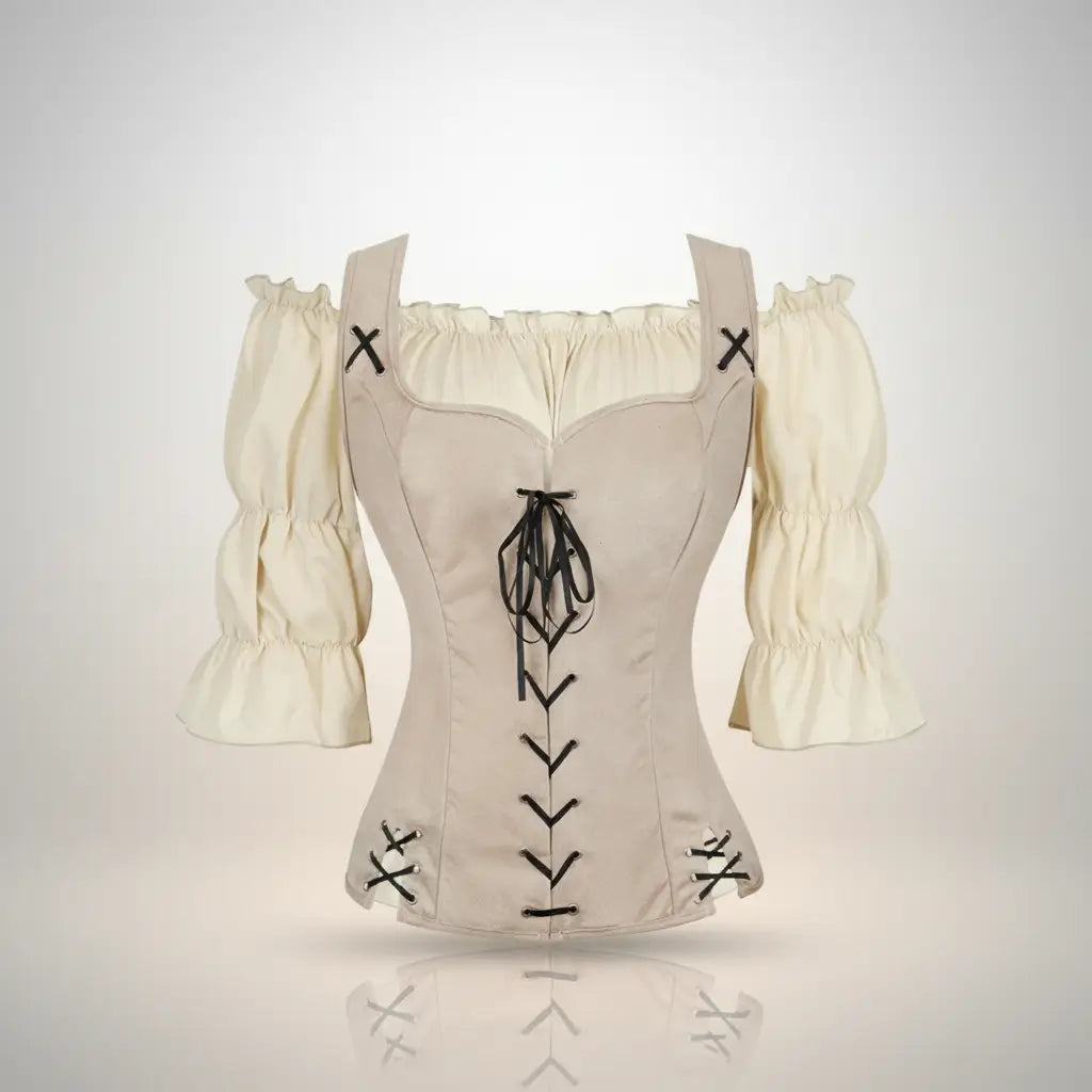 Ensemble corset beige avec chemisier crème de la tenue de la navigatrice pirate sur fond blanc vue de face.